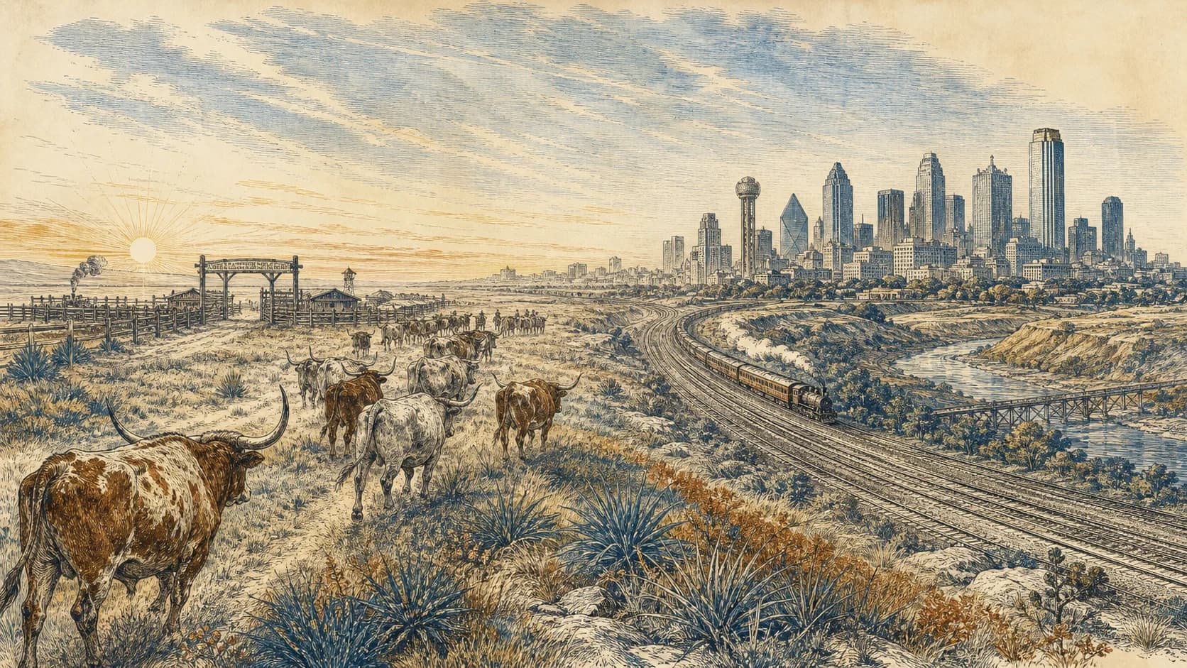 Engraved regional panorama of longhorns, rail lines, Dallas towers, and Fort Worth stockyard structures