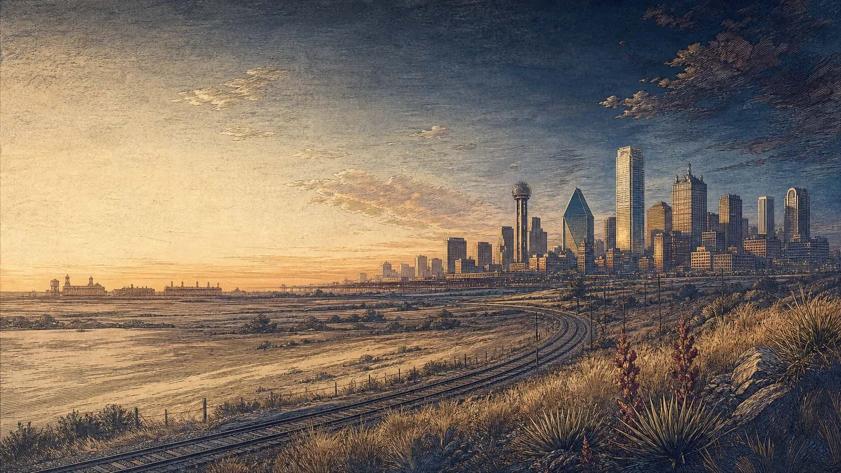 Dallas–Fort Worth skyline at blue hour above North Texas prairie and rail lines